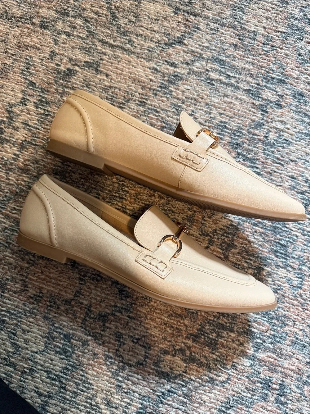 Steve Madden Neutral Leather Slip-On Loafers with Gold Buckle